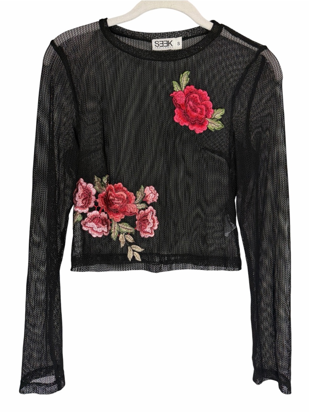 SEEK The Label Embroidered Black Mesh Crop Top size Small Floral Fairy Grunge